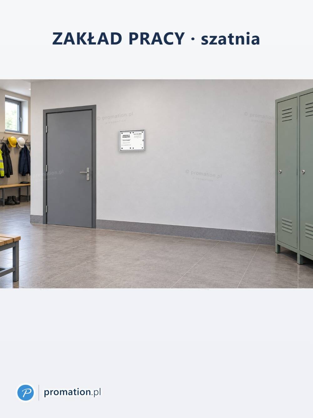 Zamykana gablota magnetyczna do wnętrz 2×A4 P402x2 w szatni zakładu pracy, obok drzwi i metalowych szafek