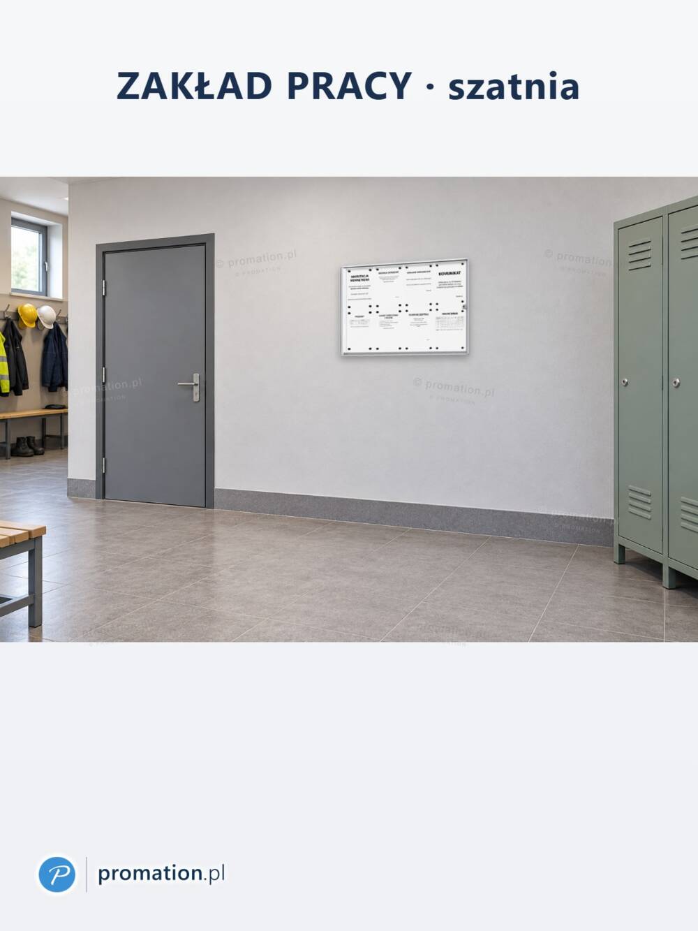 Zamykana gablota magnetyczna do wnętrz 8×A4 P402x8 w szatni zakładu pracy, obok drzwi i metalowych szafek