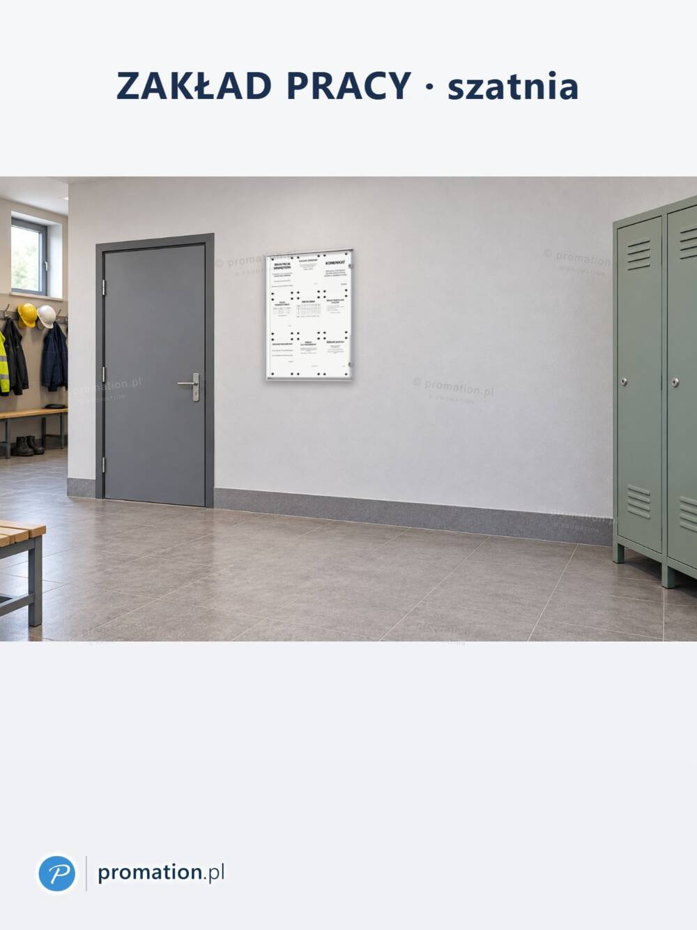 Zamykana gablota magnetyczna do wnętrz 9×A4 P402x9 w szatni zakładu pracy, obok drzwi i metalowych szafek