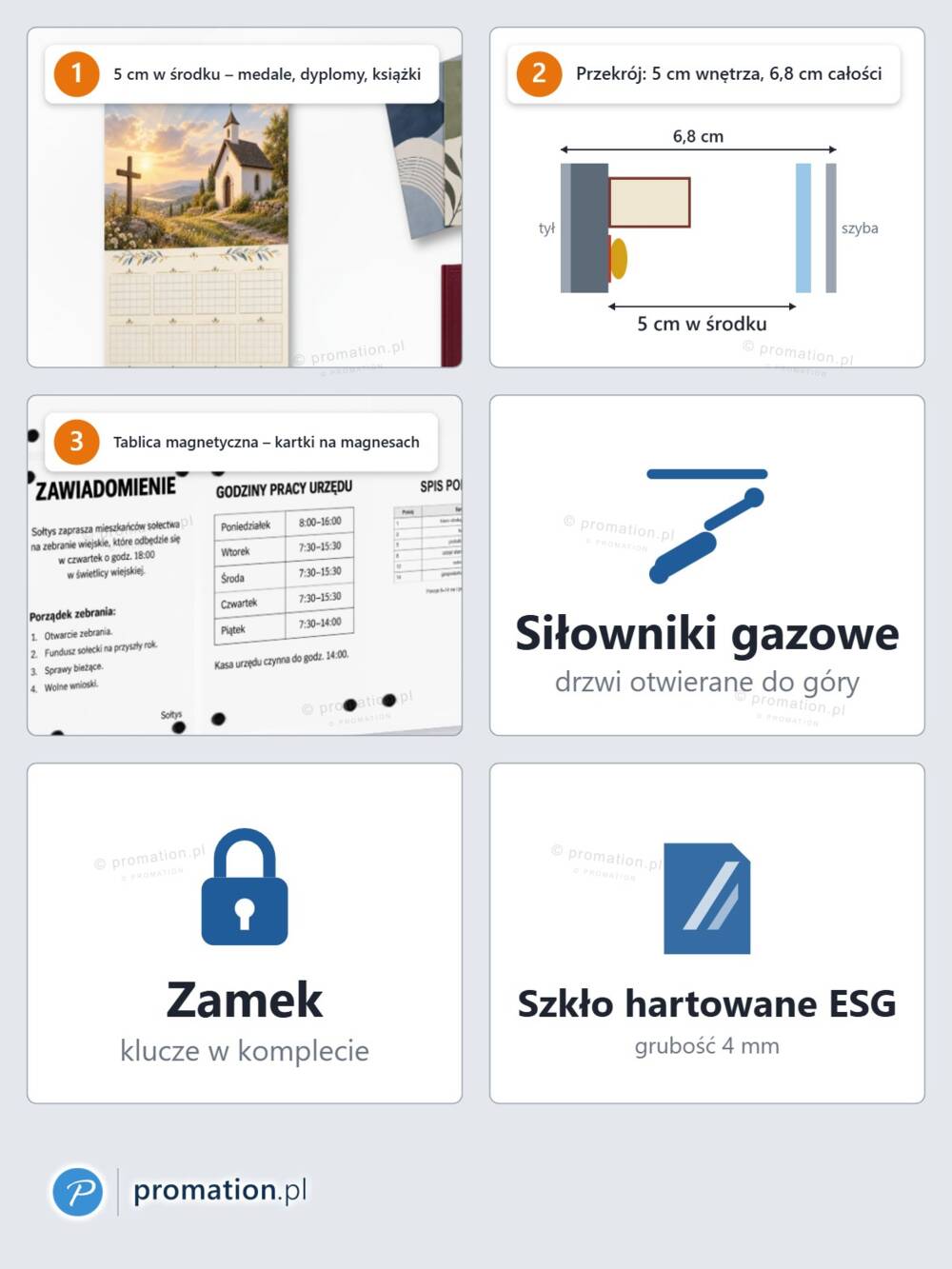 Cechy gabloty P403x12: 5 cm w środku na medale i dyplomy, przekrój 6,8 cm, tablica magnetyczna, siłowniki gazowe, zamek, szkło ESG 4 mm