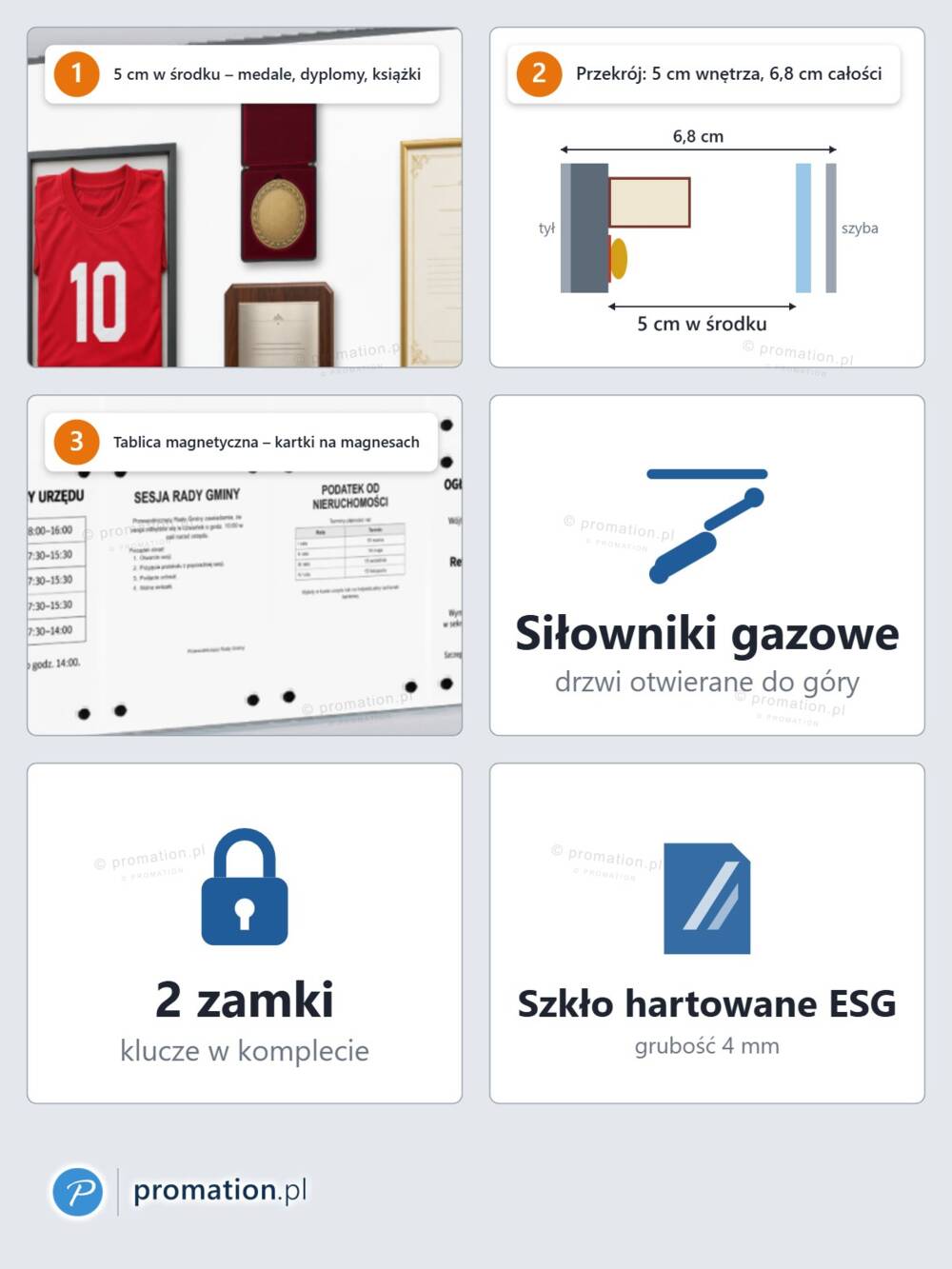 Cechy gabloty P403x18: 5 cm w środku na medale i dyplomy, przekrój 6,8 cm, tablica magnetyczna, siłowniki gazowe, 2 zamki, szkło ESG 4 mm