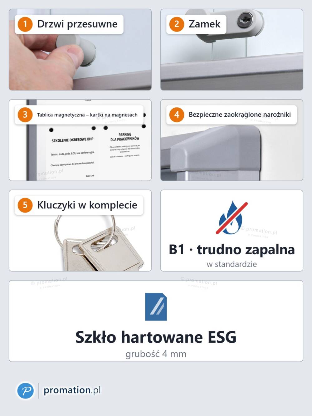 Zbliżenia gabloty P404x9: drzwi przesuwne, zamek, tablica magnetyczna z kartkami, bezpieczne zaokrąglone narożniki, kluczyki, B1 i szkło ESG 4 mm