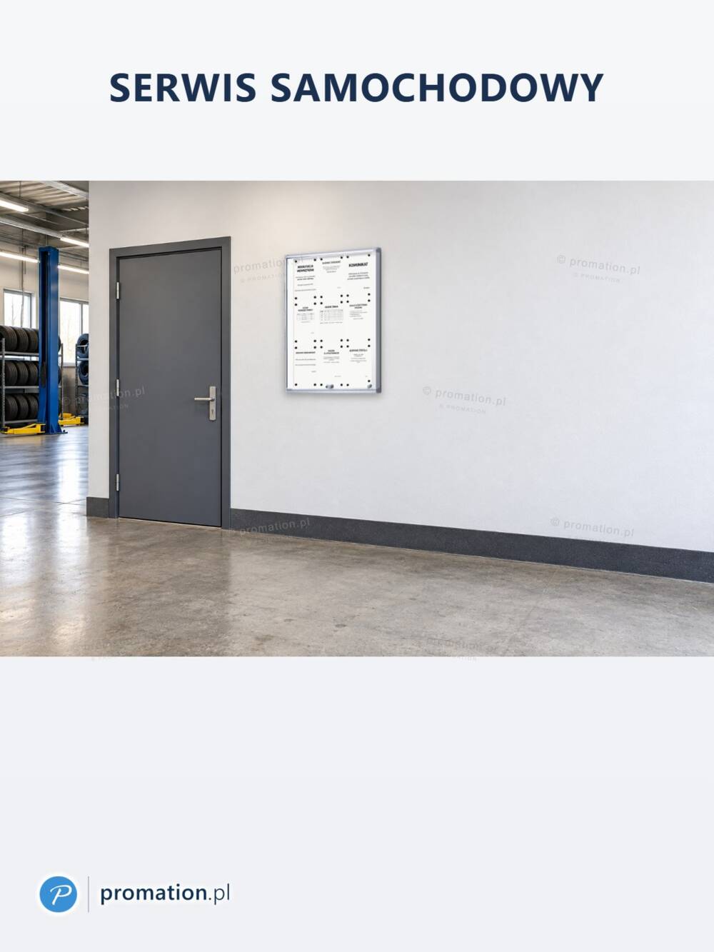 Gablota wewnętrzna z drzwiami przesuwnymi 9×A4 P404x9 w warsztacie serwisu samochodowego, obok drzwi i podnośnika