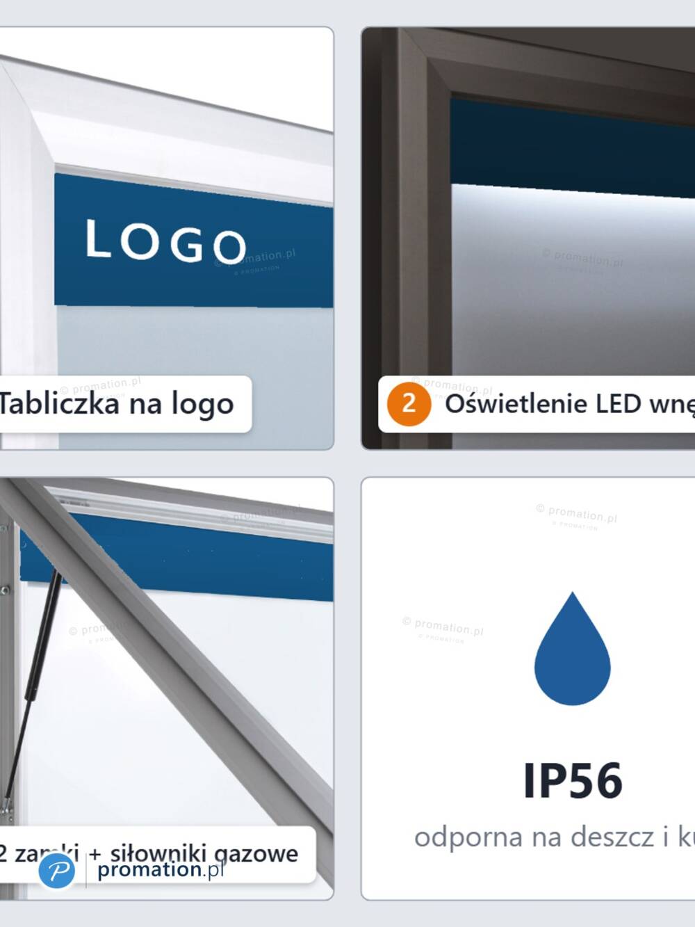 Zbliżenia gabloty P405Lx12: stalowa tabliczka na napis, srebrny profil aluminiowy, kartki na magnesach i oznaczenie IP56