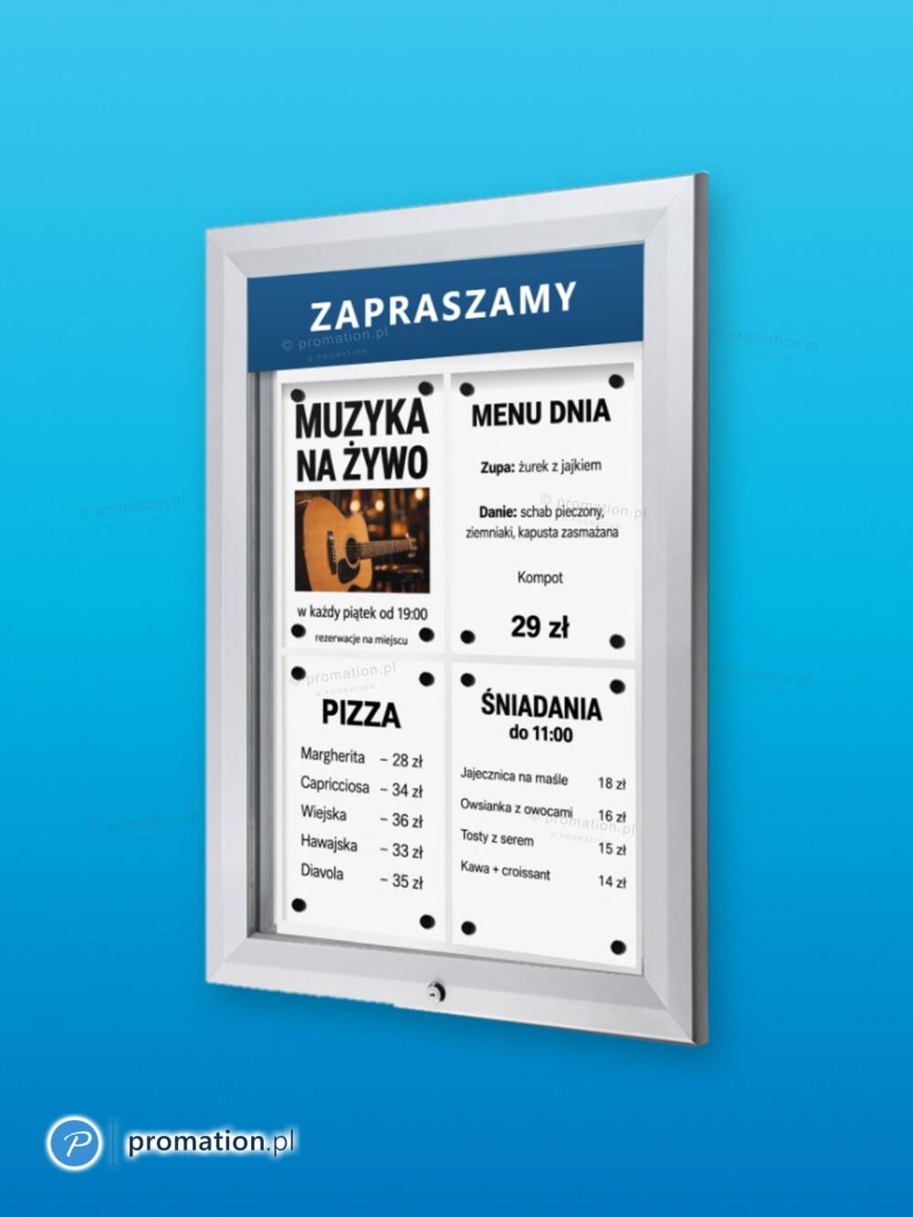 Zamykana gablota P405Lx4 na 4 kartek A4 w aluminiowej ramie, z tabliczką na napis u góry, na niebieskim tle
