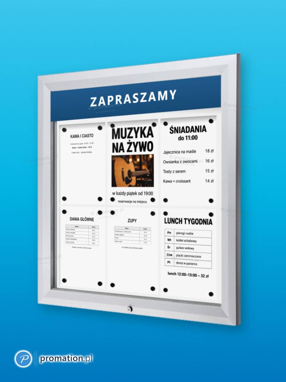 Zamykana gablota P405Lx6 na 6 kartek A4 w aluminiowej ramie, z tabliczką na napis u góry, na niebieskim tle
