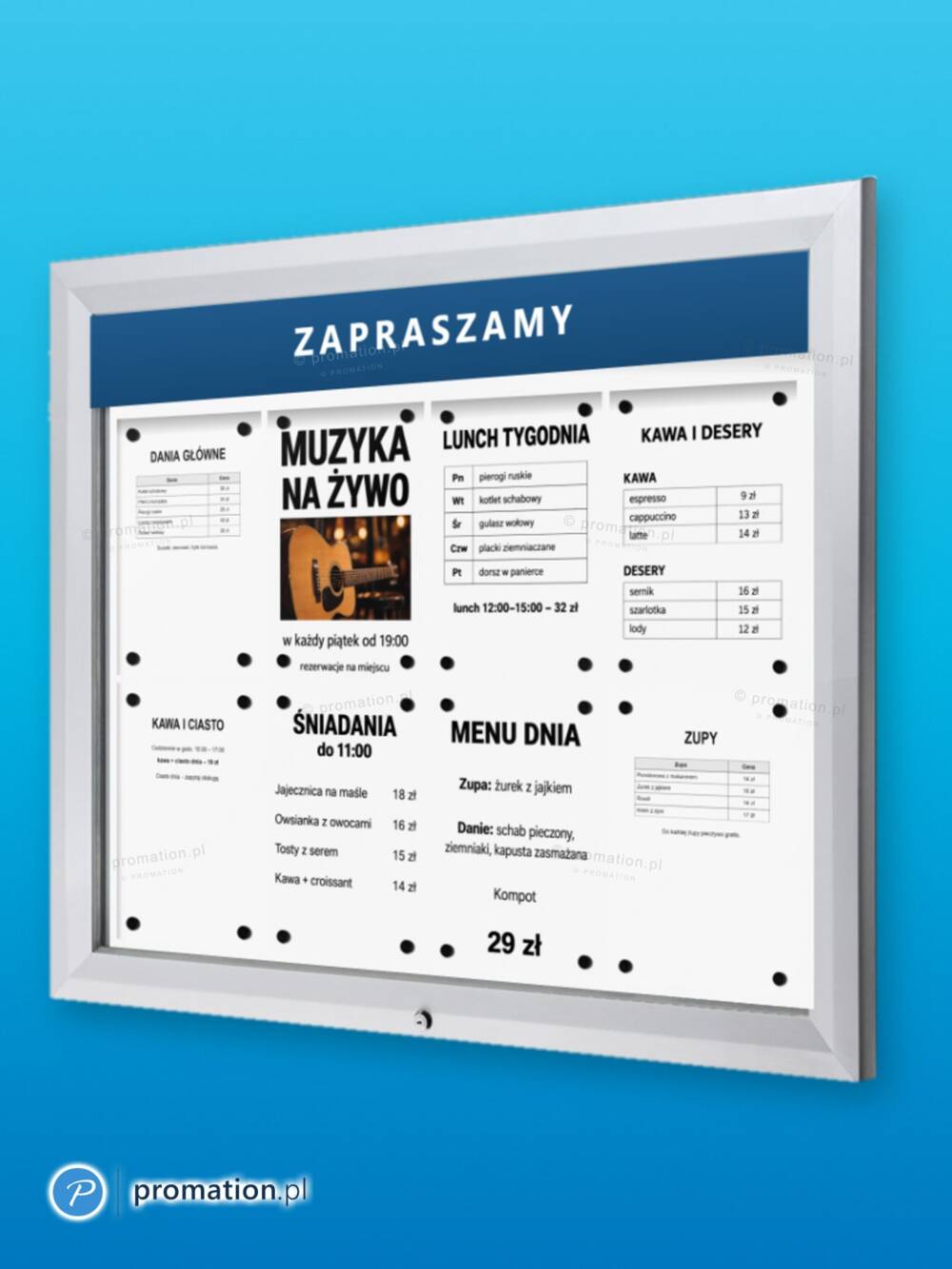 Zamykana gablota P405Lx8 na 8 kartek A4 w aluminiowej ramie, z tabliczką na napis u góry, na niebieskim tle