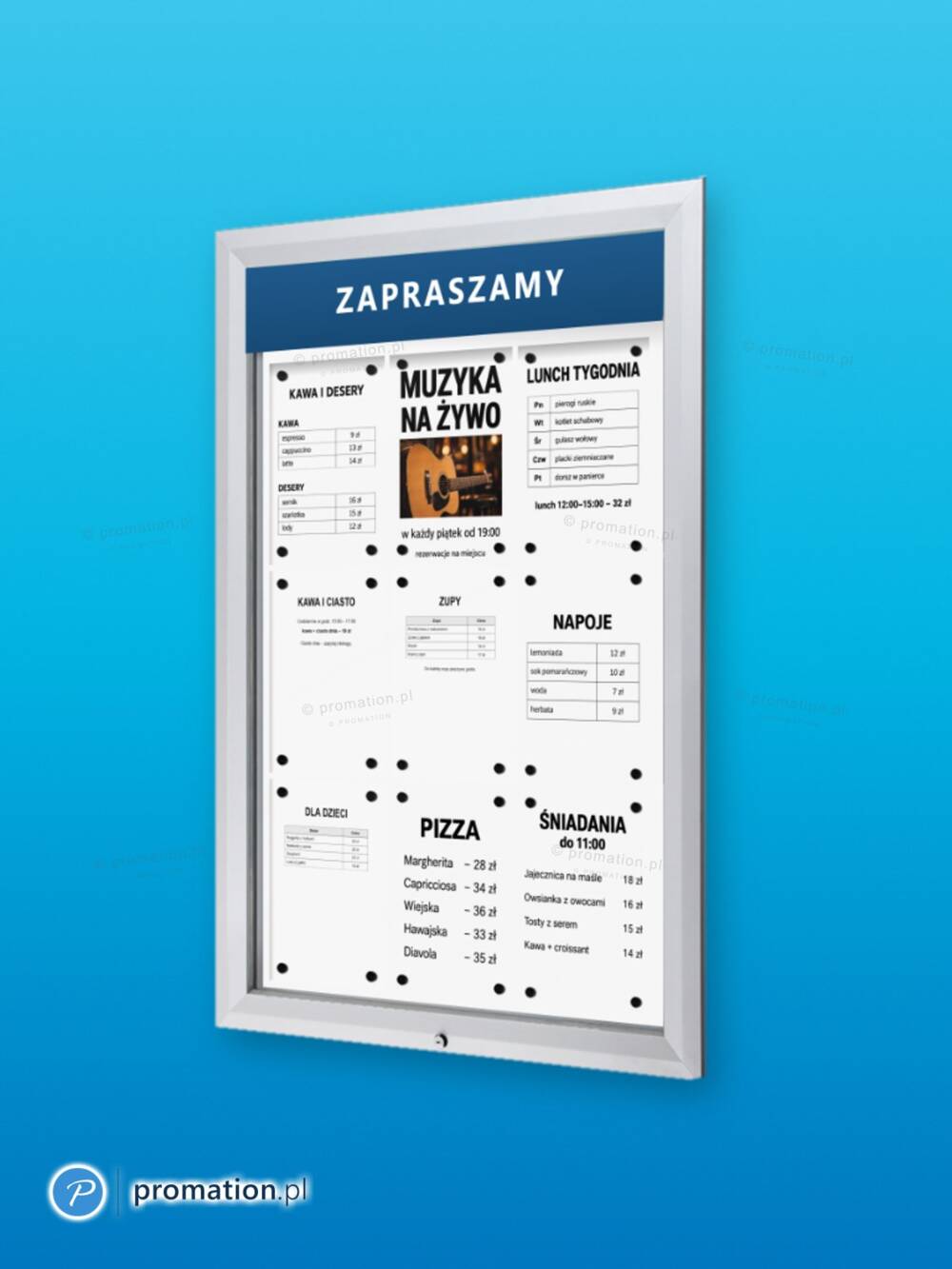 Zamykana gablota P405Lx9 na 9 kartek A4 w aluminiowej ramie, z tabliczką na napis u góry, na niebieskim tle