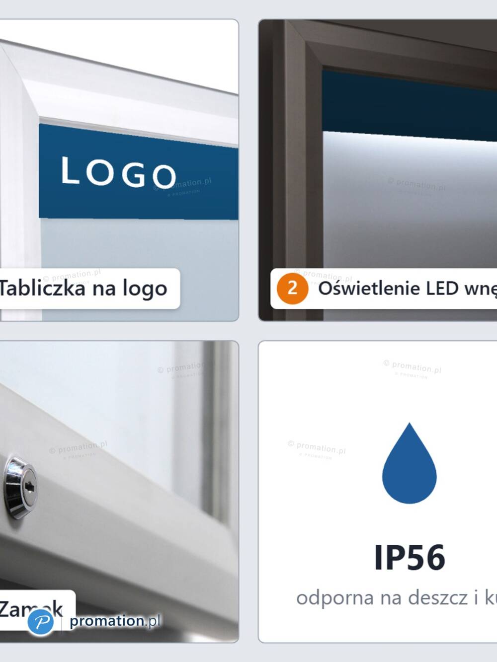 Zbliżenia gabloty P405Lx9: stalowa tabliczka na napis, srebrny profil aluminiowy, kartki na magnesach i oznaczenie IP56