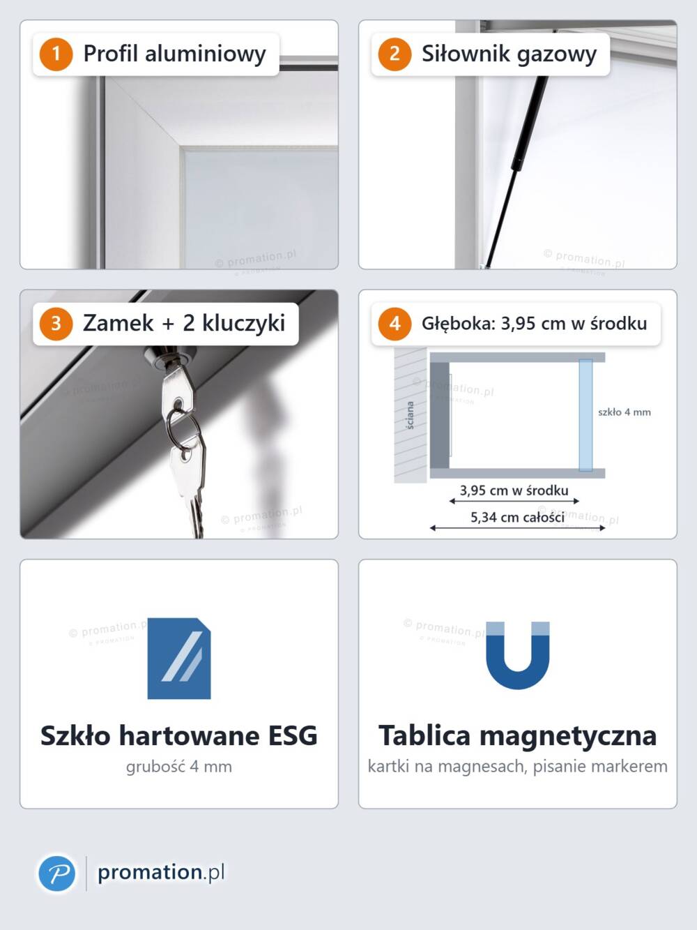 Cechy P407x6: profil aluminiowy, siłownik gazowy, zamek i 2 klucze, 3,95 cm w środku, szkło hartowane ESG 4 mm, tablica magnetyczna
