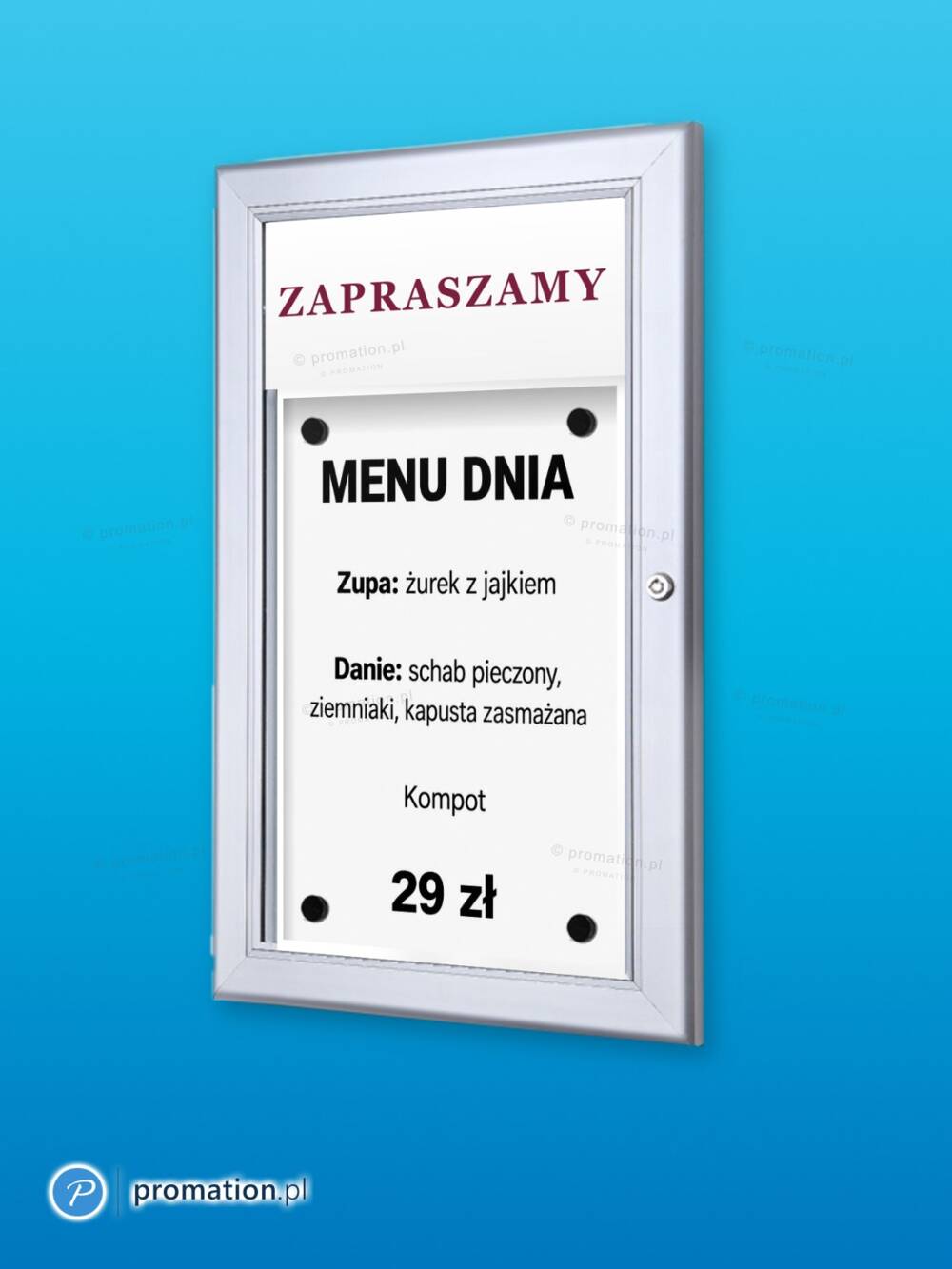 Gablota na menu z tabliczką na logo 1×A4 P409x1 z menu dnia: zupa, danie i kompot, na niebieskim tle