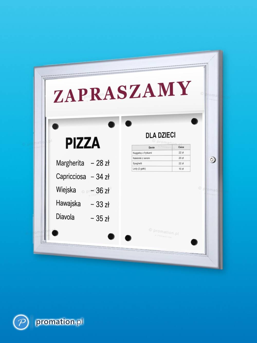 Gablota na menu z tabliczką na logo 2×A4 P409x2 z menu pizzy i kartą dla dzieci, na niebieskim tle