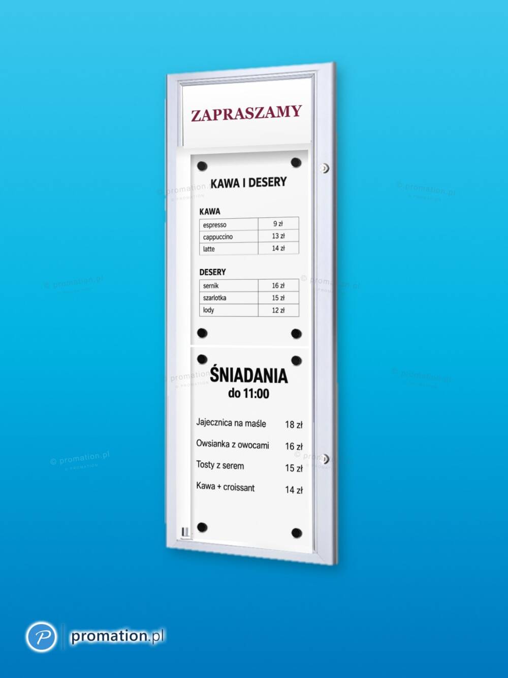 Wąska gablota na menu z tabliczką na logo 2×A4 P409x2P z kartą kaw, deserów i śniadań, na niebieskim tle