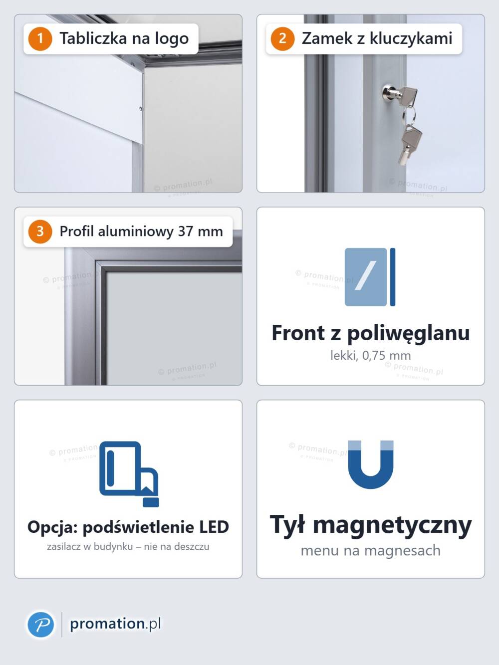 Cechy P409x2P: tabliczka na logo, zamek, profil aluminiowy 37 mm, front z poliwęglanu, opcja LED, tył magnetyczny