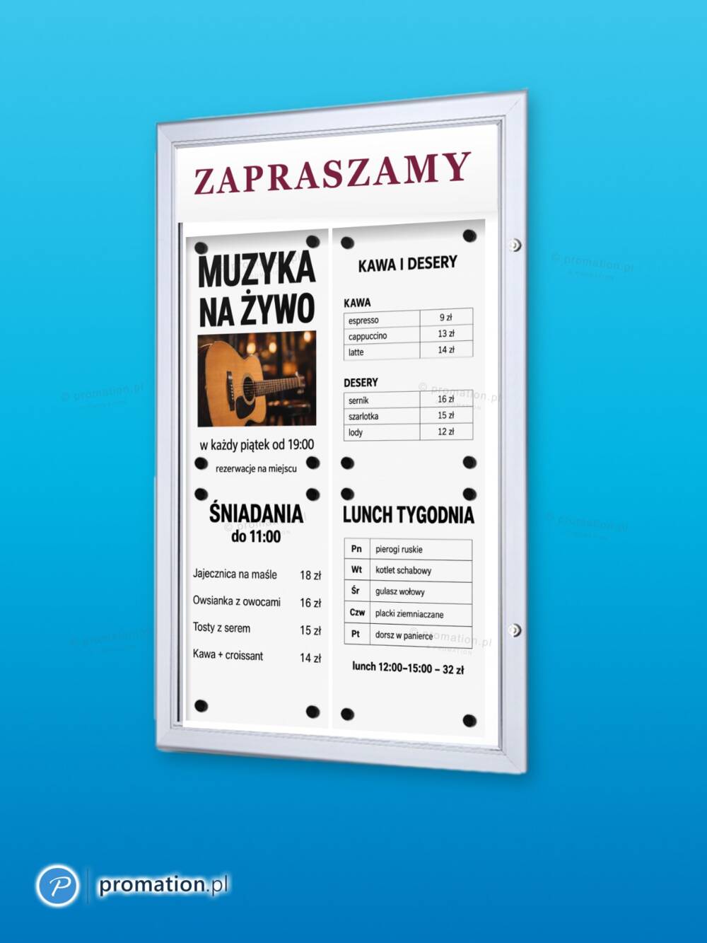 Gablota na menu z tabliczką na logo 4×A4 P409x4 z menu śniadań, lunchu tygodnia, kaw i deserów, na niebieskim tle