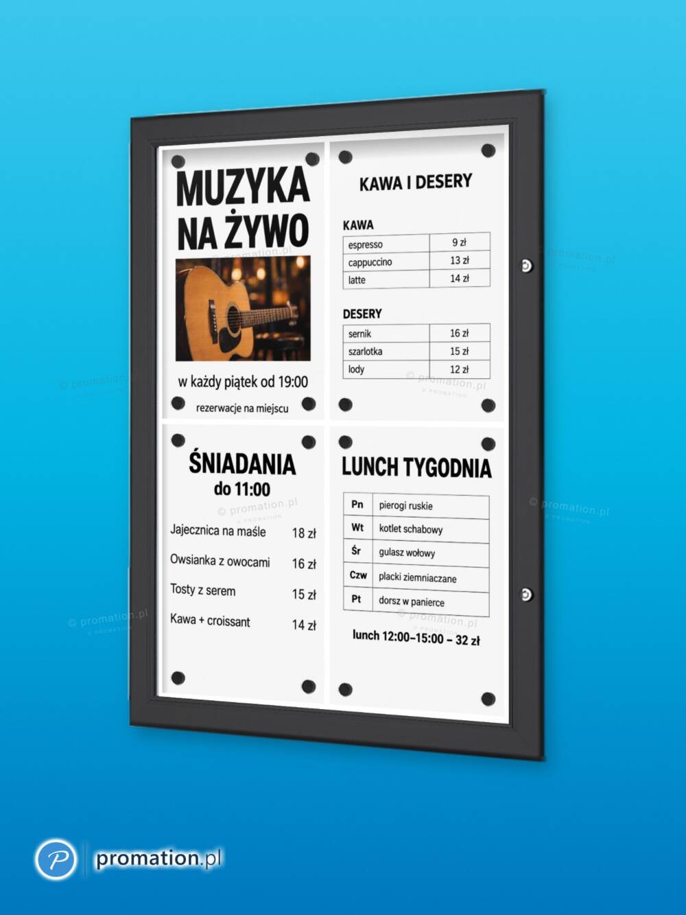 Czarna gablota na menu 4×A4 P410x4 z menu śniadań, lunchu tygodnia i informacją o muzyce na żywo, na niebieskim tle