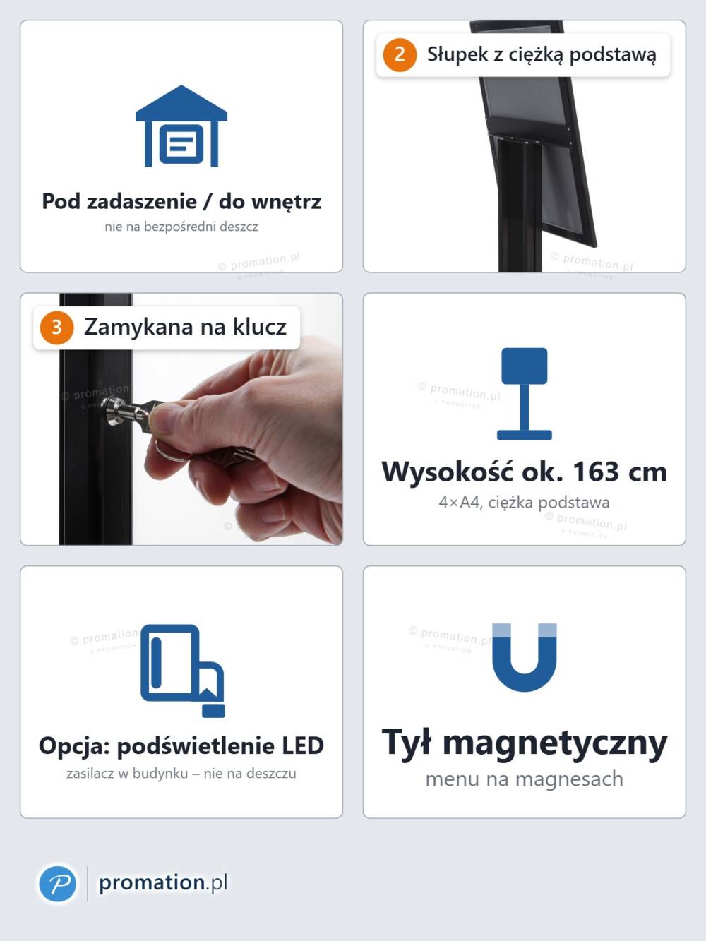 Cechy P411x4: do wnętrz i pod zadaszenie, słupek z ciężką podstawą, zamek, ok. 163 cm wysokości, opcja LED