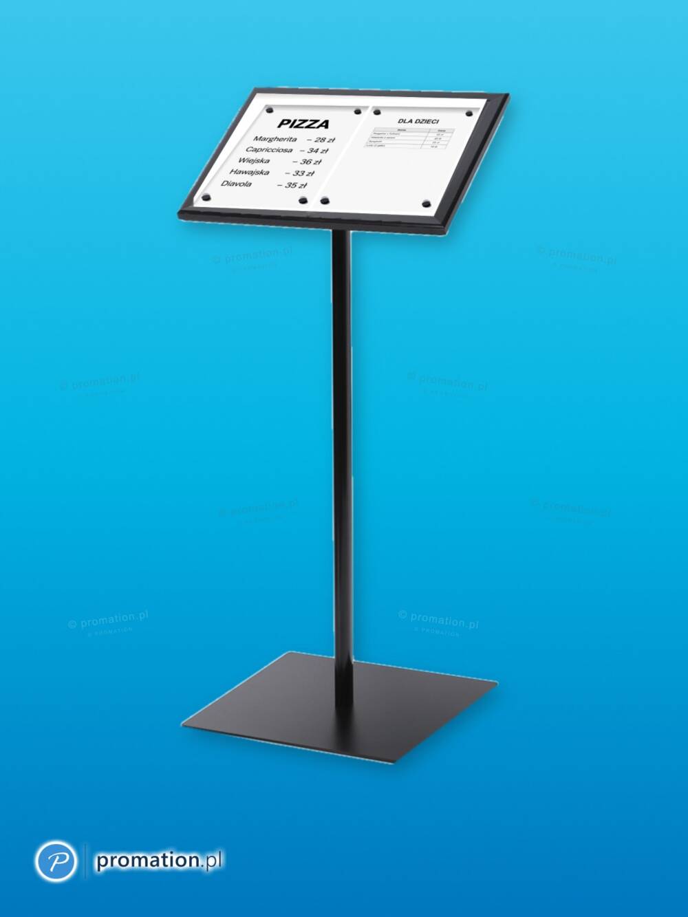 Czarny stojak-pulpit na menu 2×A4 P412x2 z menu pizzy i kartą dla dzieci, na niebieskim tle