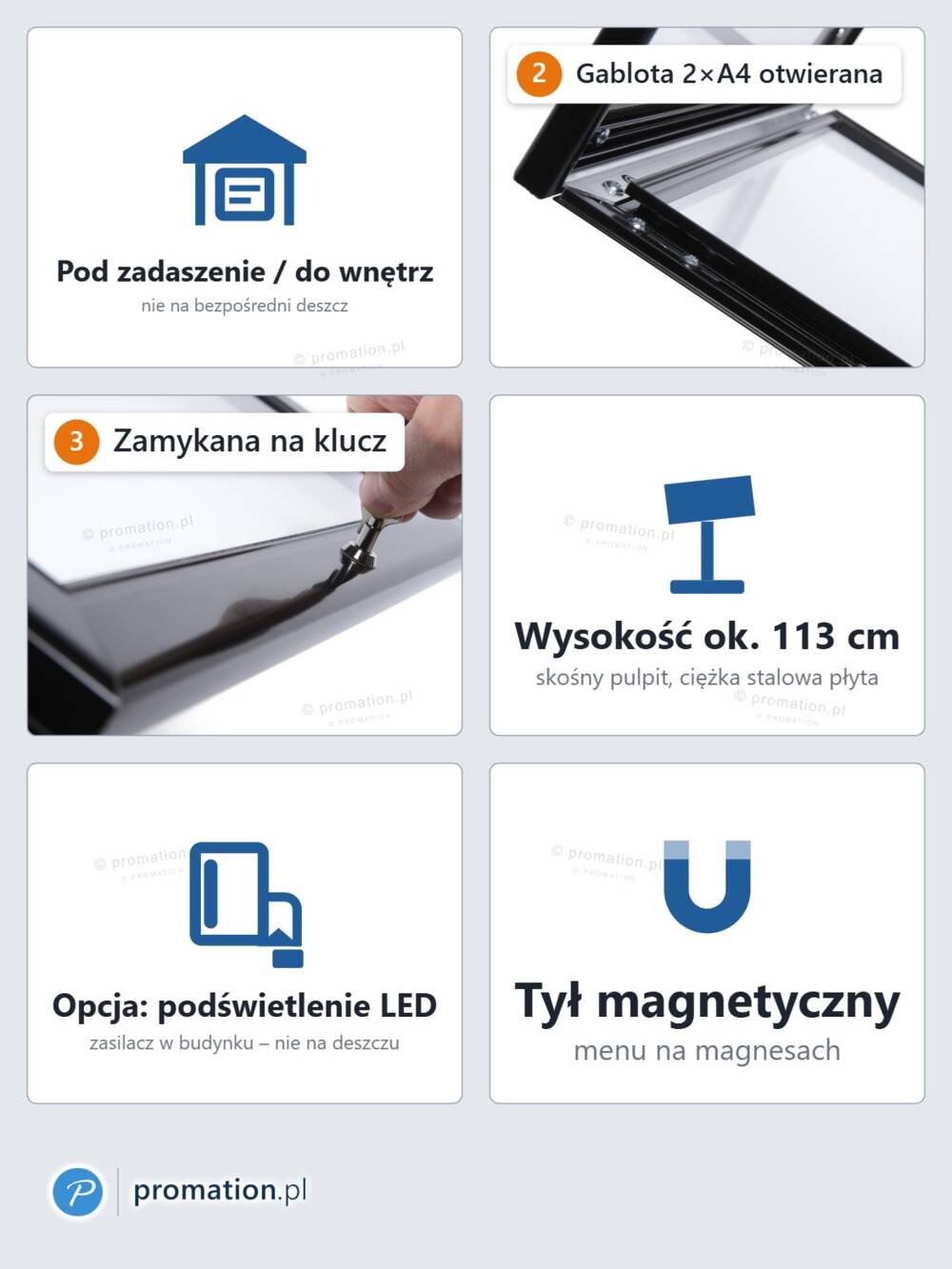 Cechy P412x2: do wnętrz i pod zadaszenie, skośna gablota 2×A4, zamek, ok. 113 cm wysokości, opcja LED