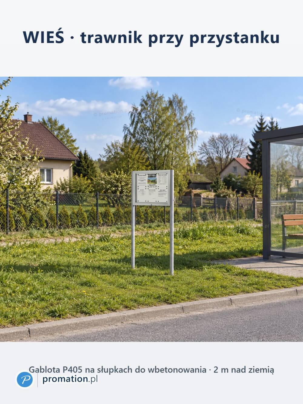 Gablota ogłoszeniowa na słupkach wbetonowanych w trawnik przy przystanku na wsi