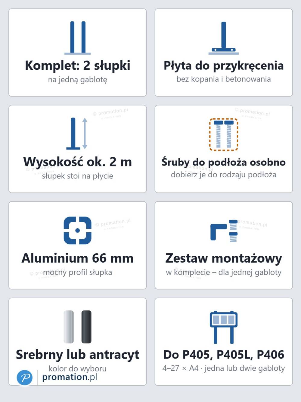 Cechy słupków z płytą: komplet 2 szt., płyta do przykręcenia, ok. 2 m, śruby do podłoża osobno, aluminium 66 mm