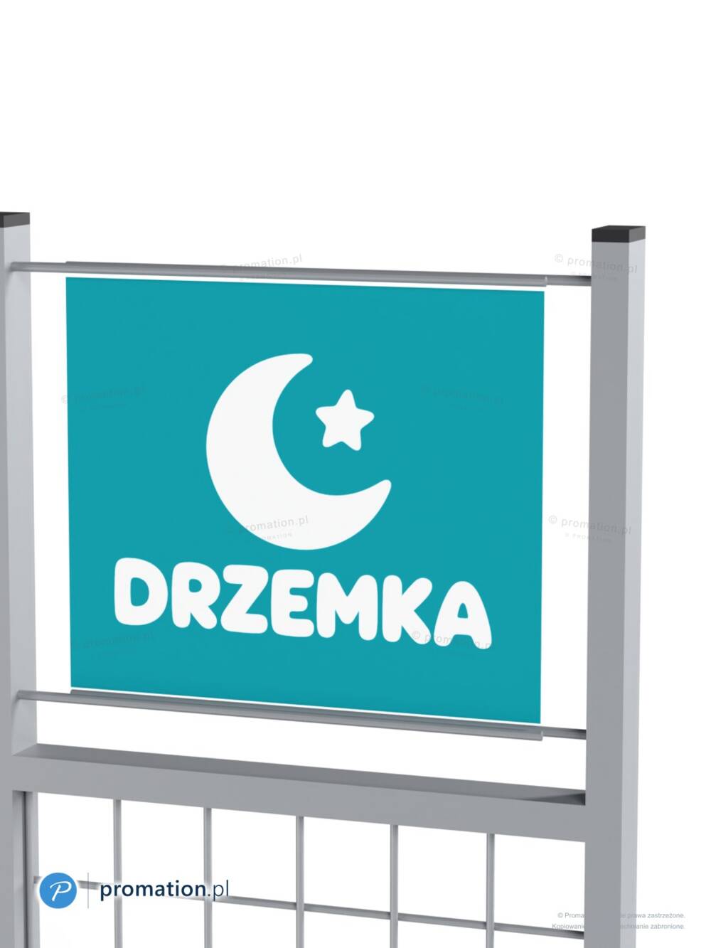 Szyld niskiej kratownicy P47Txm z bliska – pole na naklejkę z logo w ramie nad kratą