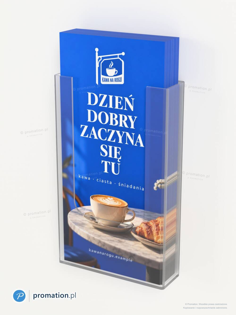 Kieszeń P508dl na ścianie z bliska – ulotkę kawiarni DL w przezroczystej pleksi