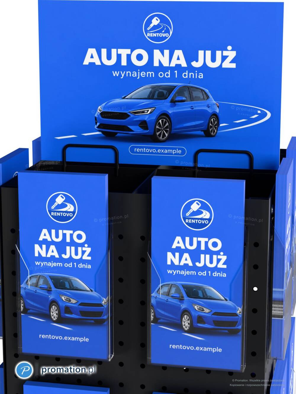 Górna część P661DL – tabliczka z grafiką i pierwsze kieszenie DL z ulotkami o wynajmie auta