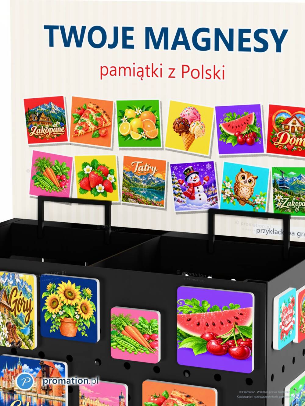 Tabliczka „Twoje magnesy – pamiątki z Polski” na szczycie P661M i magnesy z arbuzem i słonecznikiem