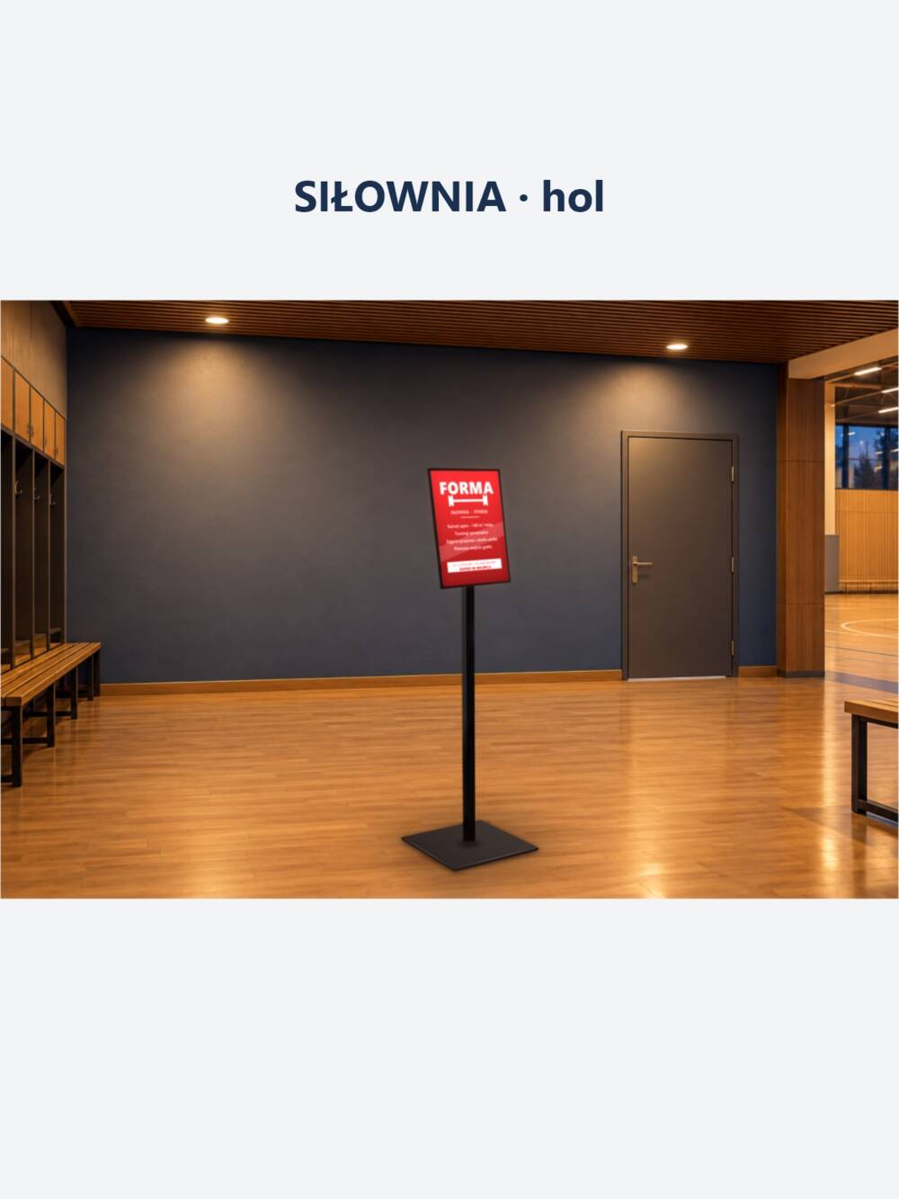 Siłownia, hol: podświetlany stojak na plakat A3 z ofertą karnetów przy wejściu do szatni