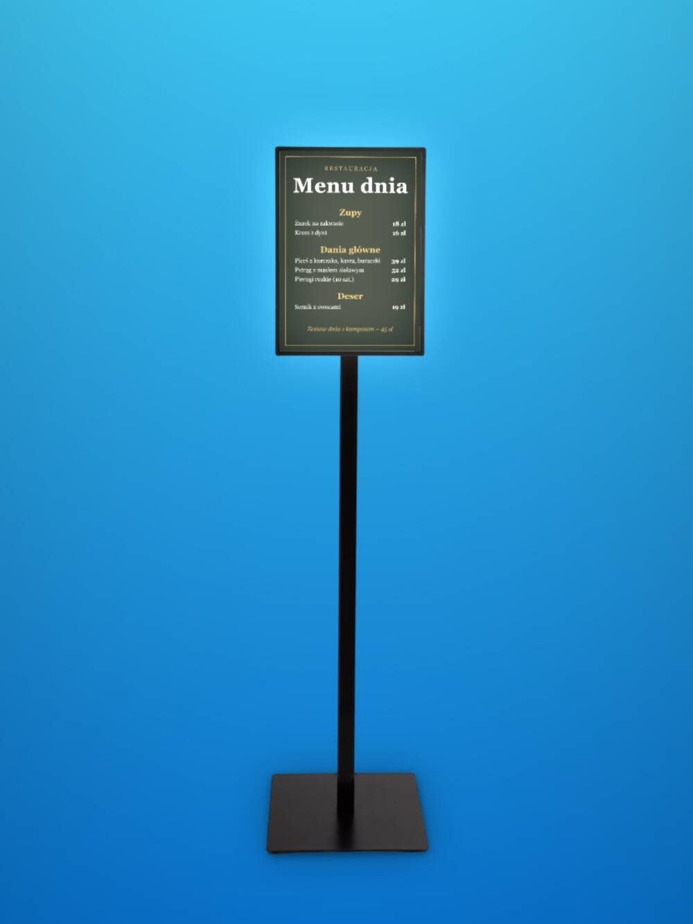 Czarny podświetlany stojak na menu i plakat A3 z ramą LED, na słupku ze stalową podstawą