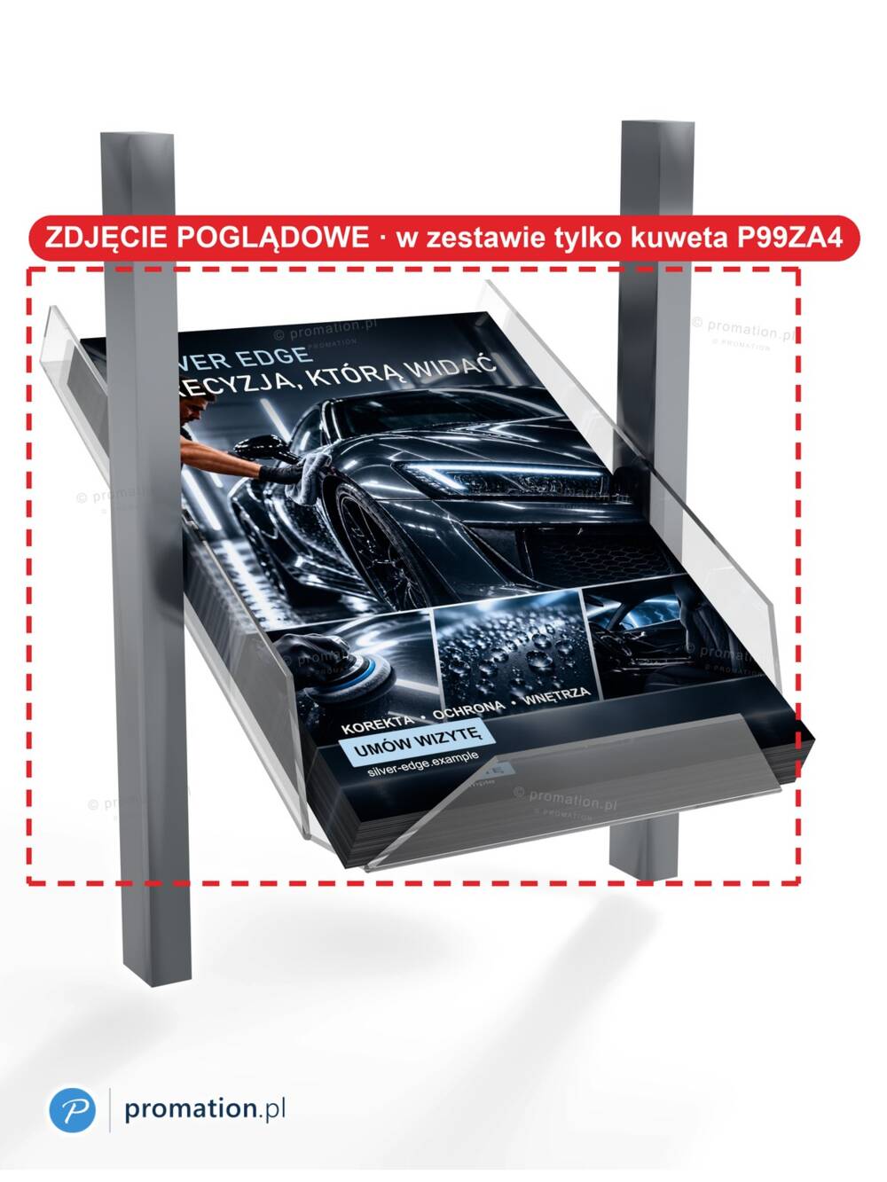 Kuweta P99ZA4 z ulotkami A4 na fragmencie stelaża P99 – zdjęcie poglądowe, stelaż nie wchodzi w skład