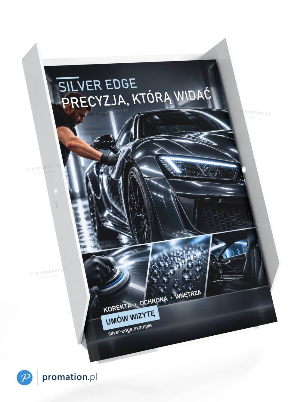 Kuweta P99ZA4k wypełniona ulotkami A4 studia detailingu aut, w pozycji jak na stojaku P99