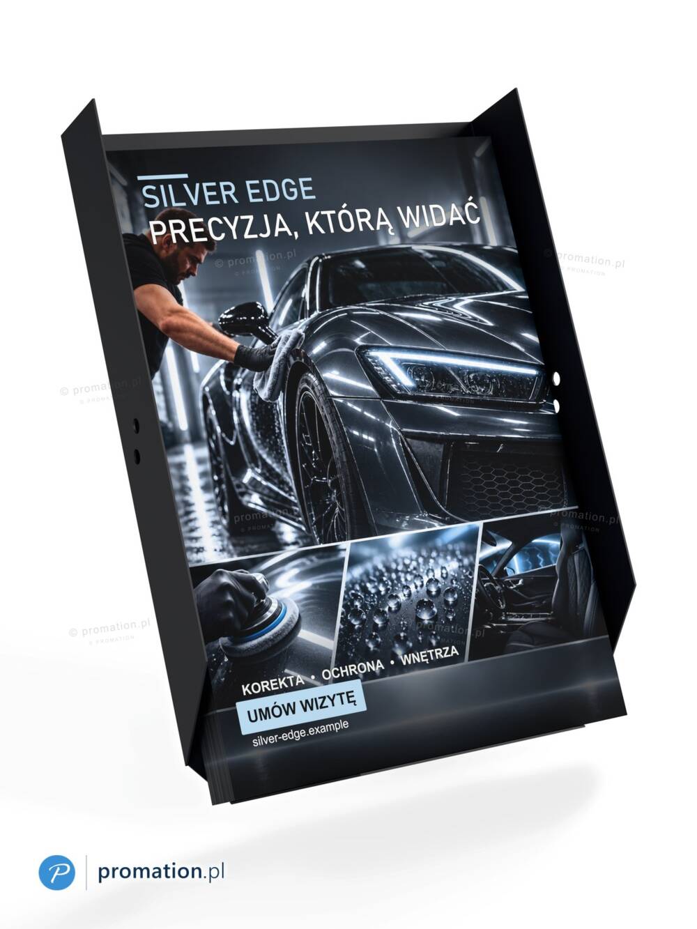 Kuweta P99ZMA4 wypełniona ulotkami A4 studia detailingu aut, w pozycji jak na stojaku P99