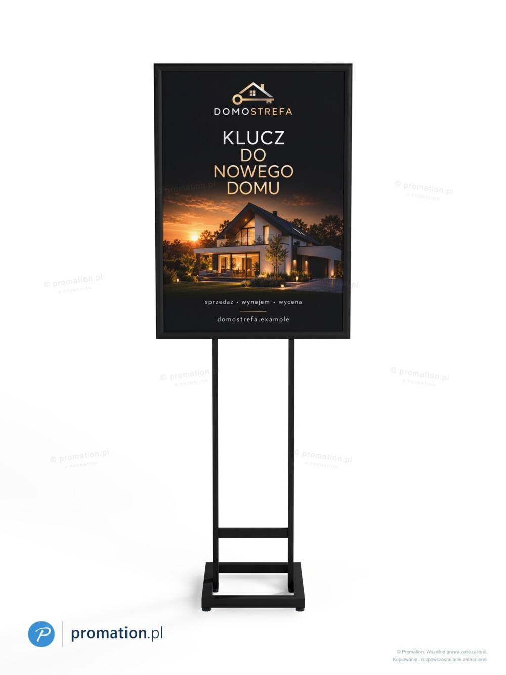 Czarny stojak P99bA1D od frontu – pionowy plakat A1 w ramie szerszej niż stelaż, dwie nogi i prostokątna podstawa