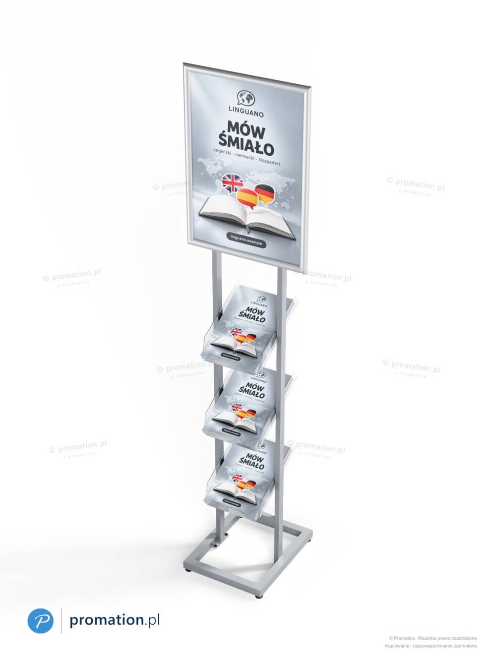 Stojak P99k2 widziany z góry – plakat A2 w ramie, katalogi A4 w kieszeniach i srebrna rama podstawy