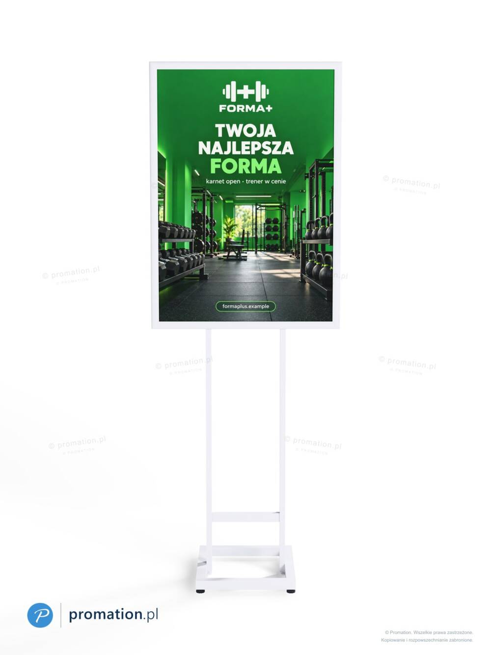 Biały stojak P99wA1D od frontu – plakat A1 w białej ramie, dwa słupki z poprzeczką i prostokątna podstawa