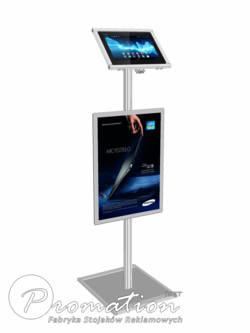 Stojak z pochylonym uchwytem na tablet i dolną ramką na plakat A3