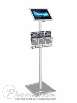 Stojak z pochylonym uchwytem na tablet i trzema kieszeniami na ulotki DL