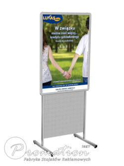Stojak z górną ramką na plakat B1 i dolnym panelem perforowanym