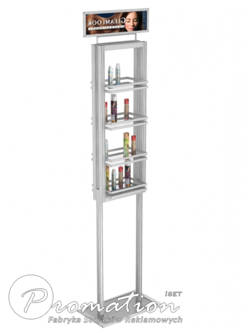 Wysoki aluminiowy stand na kosmetyki z czterema małymi półkami