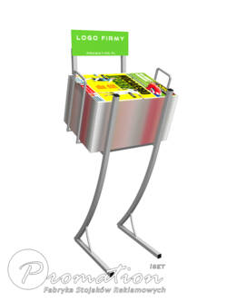 Metalowy stojak na gazety z głębokim koszem i panelem na logo