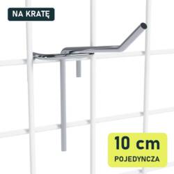 Pojedynczy hak 10 cm P901-10 na białej kracie z drutu, widok skośny
