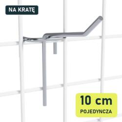 Pojedynczy hak 10 cm P901-10 na białej kracie z drutu, widok skośny