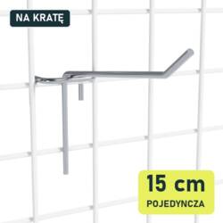 Pojedynczy hak 15 cm P901-15 na białej kracie z drutu, widok skośny