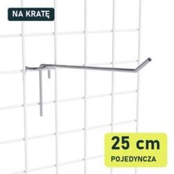 Pojedynczy hak 25 cm P901-25 na białej kracie z drutu, widok skośny