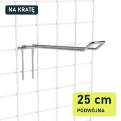 Podwójny hak 25 cm P902-25 na białej kracie z drutu, widok skośny