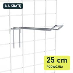 Podwójny hak 25 cm P902-25 na białej kracie z drutu, widok skośny