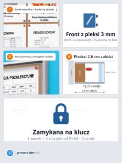 Cechy gabloty P401x8: korek na pinezki, front z pleksi 3 mm na bok, rama z zaokrąglonymi narożnikami, 2,6 cm głębokości, zamek