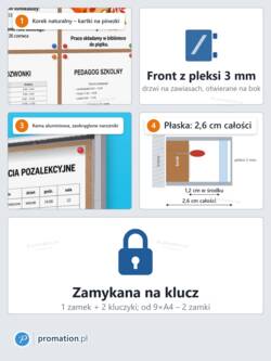 Cechy gabloty P401x9: korek na pinezki, front z pleksi 3 mm na bok, rama z zaokrąglonymi narożnikami, 2,6 cm głębokości, 2 zamki
